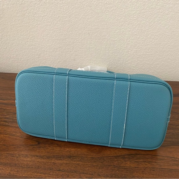 Green Blue Jean 36 CM Garden Party Real Pebble Leather Satchel Bag w/ Wide Strap - Picture 5 of 8